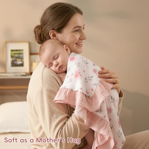 Image of david's kids Flounce Muslin Baby Blanket for Girls Boys, 100% Cotton Soft Crib Swaddle Blankets, Reversible & Breathable Nursery Bedding for Newborns Toddlers, 47 x 47 Inches (Floral)
