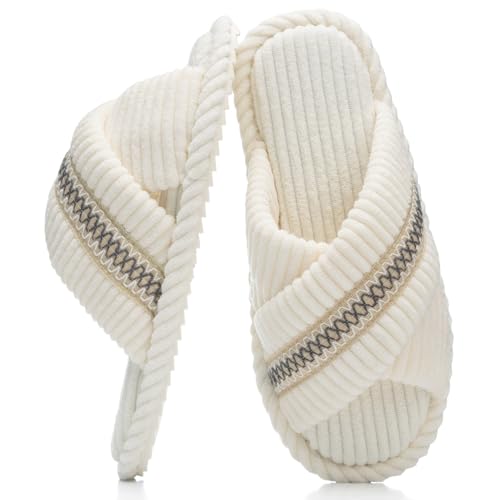 Image of GOEWY Slippers for Women Memory Foam House Bedroom Corduroy Crossbands Open Toe Slides Sandals Shoes Comfy Trendy Gift for womens Anti-Skid sole