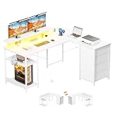 YOUDENOVA Escritorio con 4 Cajones, 142x107cm, Escritorio Esquinero Reversible con LED y Enchufe, Escritorio Gaming en L con Soporte para Monitor, Mesa Escritorio para Home Office y Gamer, Blanco