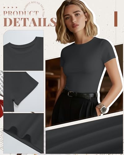 Image of Evervibe Women Built-in Bra Short Sleeve Shirts Crewneck T-Shirt Slim Fit Going Out Tops Casual Summer Basic Tees