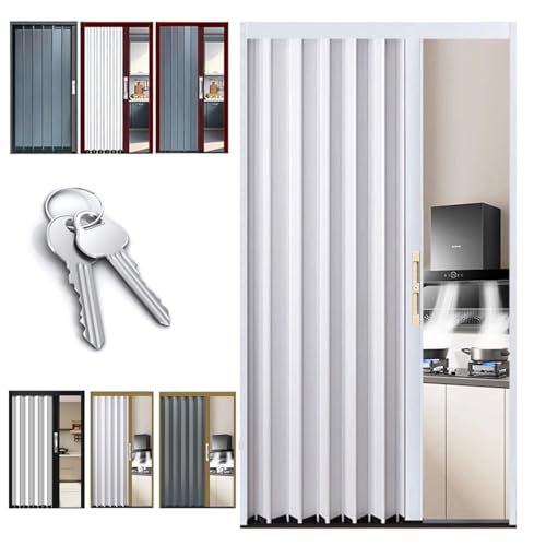 ZAQYCM Schiebetür Falttür Innentüren Komplettset mit Zarge & Schloss, Weiß/Grau Schiebe Falttüren Platzsparend Nach Maß für Badezimmer/Dusche/Türrahmen/Küchenschrank, Aluminium