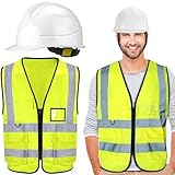 Jeyiour Construction Hard Hat and Reflective Safety Vest Set Construction Worker Costume for Women and Men High Visibility Safety Vest with Pockets and Zipper Front for Outdoor Works, Cycling (Green)