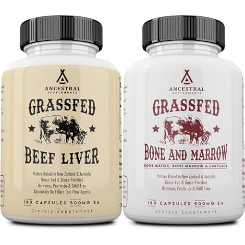 Ancestral Supplements Grass-Fed Beef Liver & Bone Marrow Capsules, 3000mg, Supports Energy, Digestion, Immunity, Skin, Oral Health, Joint Wellness, Non-GMO, Freeze-Dried, 180 Capsules, (Bundle 2 Pack) Cover