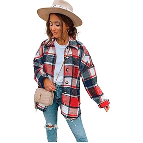 Womens Casual Plaid Shacket Blend Button Down Long Sleeve Shirt Fall Jacket Shackets tops M Red Cover
