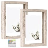 MUYE 5x7 Floating Frames Distressed Beige White Wood Pattern,Double Glass Picture Frame Display Any Size Photo up to 5x7,Wall Mount or Tabletop,2 Pack