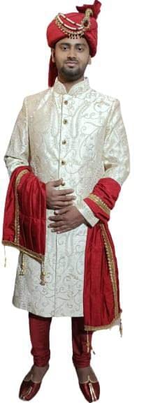 Men's Cream Sherwani Machine and Hand/Embroidery with Maroon Churidar Pajama-image-35