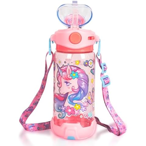 YOYTOO Kids Water Bottle with Straw/Lanyard for School Kids Girls Boys, 22oz BPA Free Child Drinking Water Bottle One-Click-Open Leak-Proof Locking Flip Lid for School Sport Travel Cover