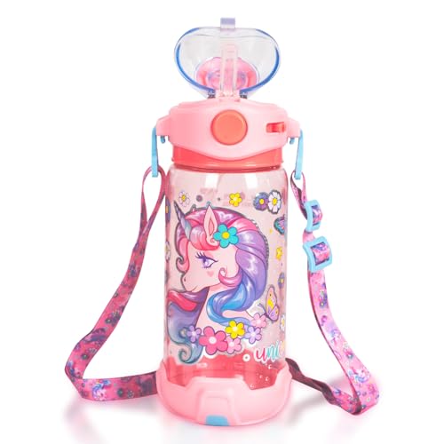 YOYTOO Kids Water Bottle with Straw/Lanyard for School Kids Girls Boys, 22oz BPA Free Child Drinking Water Bottle One-Click-Open Leak-Proof Locking Flip Lid for School Sport Travel