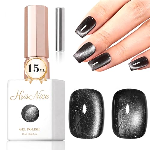 KRISNICE 0,5 Oz Gelatina Vetrata Gatto Eye Smalto Semi Permanente, 15 ml Occhio di Gatto Magnetico Gel 3D olografico Lucido Traslucido Colore Smalto Gel French Manicure (Glass Black-MY012)