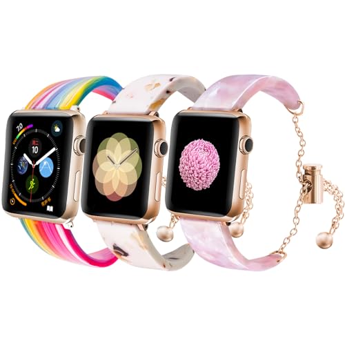 LINXUXIE 3 Pack Resin Band Compatible with Apple Watch Band 42mm 44mm 45mm for Women, Dressy Wristband Adjustable Bracelet Stylish Strap for iWatch Series Ultra/SE/9/8/7/6/5/4/3/2/1 Rose Gold