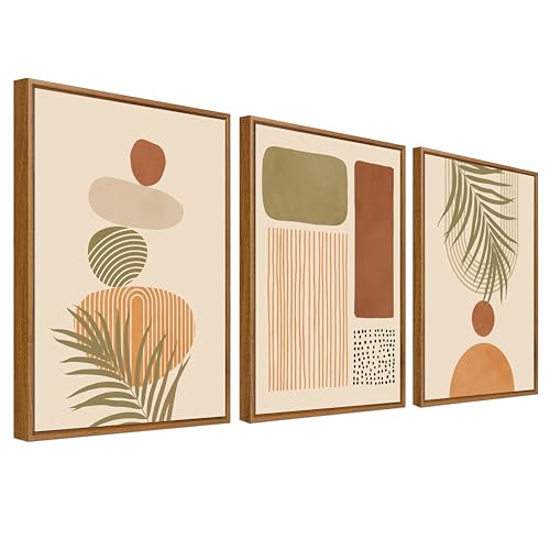 Image of Framed Canvas Wall Art Set of 3 Boho Sage Green Leaf Painting Prints for Wall Minimalist Geometric Line Poster Modern Mid Century Pictures for Living Room Bedroom 30x40cm x3pcs (No Acrylic Glass)
