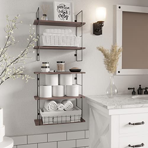 Richer House 5-Tier Floating Shelves With Metal Frame, 5 Pcs Wall Mounted Shelf For Wall Decor, Rustic Wood Hanging Shelves With Metal Frame Storage For Living Room/Bathroom/Bedroom - Rustic Brown #TOP3