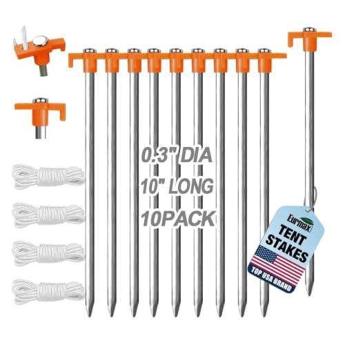 Eurmax USA 10-Pack Secure Protection Galvanized Tent Stakes,Rust-Proof Steel Canopy Anchors for High Winds,Heavy Duty Commercial Ground Pegs for Camping,Pop Up Tents&Gazebos - Includes 4x10ft Ropes