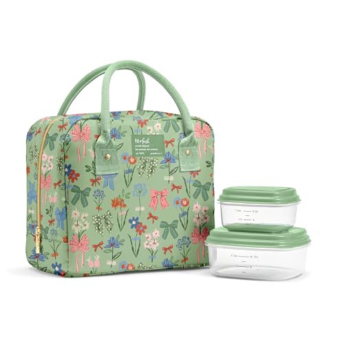 Fit & Fresh Bloomington Lunch Bag for Women - Insulated Large Lunch Box for Work with Containers, Leak-Resistant, Stain-Resistant, Zipper Closure, Sage Bows & Flowers by Fit & Fresh - Used condition - US$24.23