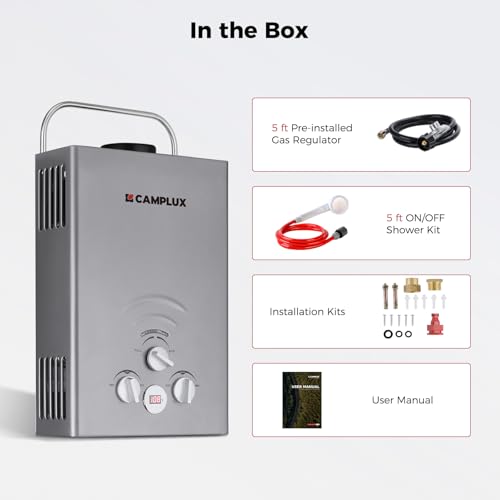 Image of CAMPLUX Portable Tankless Water Heater 1.58 GPM, BW158G Propane Gas Shower for Camping, RV, Pet Washing, 41,000 BTU Outdoor Hot Water System, Battery Operated, Gray