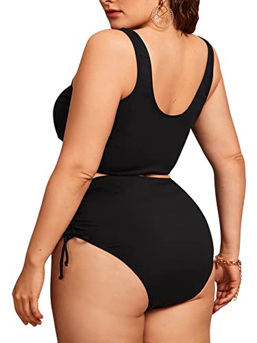 Romwe Women's Plus Size Solid Bikini Set Tie Side Bikini Swimsuit Black 2Xl #TOP1