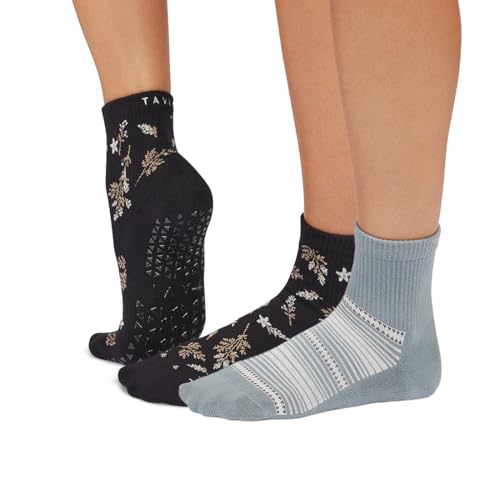 TAVI Aria Grip Socks 2-Pack – Pilates Socks with Grips for Women, Non Slip, Yoga & Barre, Ebony Floral/Tempest, Medium