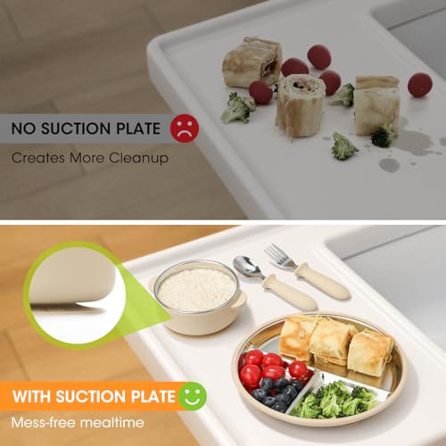Aieve Stainless Steel Kids Plates and Bowls with Suction,4 Pcs Kids Dinnerware Set Including Spoon,Fork,Divided Toddler Suction Plates and Suction Bowls