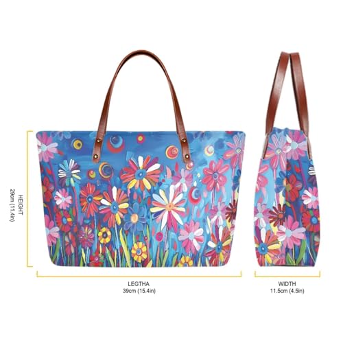 Image of Floral Tote Bag Large Top Handle Purse with Matching Wallet, Purse and Handbag Set for Women Satchel Bag Hobo Bag with PU Cosmetic Bag for Working, Shopping, Blue
