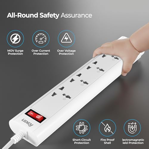 Image of FOXIN Surge Protector, 5 Universal Sockets, 2500 Watt, 2 Meter 6.5 Feet Cord | Fire Proof & Automatic Overload Protection, Spike Guard /Extension Board with Master Switch | 1 Year Manufacturer Warranty