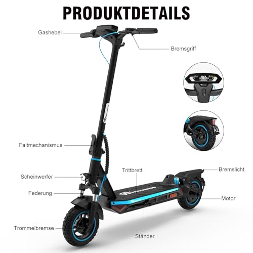 EVERCROSS EVERCROSS E-Scooter mit Straßenzulassung (ABE), 500W Motor, 10 Zoll Offroad Vakuumreifen, 46,8V 716,04WH Akku bis 70 km Reichweite, Faltbarer Elektroroller für Erwachsene mit App & LED-Display - Detailansicht 8 | Tages Deals
