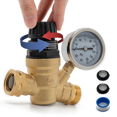 Image of VANCOCO RV Water Pressure Regulator Valve with Gauge, 3 /4 inch NH Thread 45-160 PSI Adjustable Pressure Water Regulator with Tool-Free Handle for RV Camper Travel Trailer