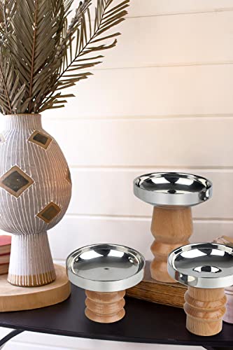 Vixdonos Pillar Candle Holders Set Of 3 Wood Candlestick Holder Stainless Steel Plate For Mantel Decor, Dining Table Centerpiece #TOP4