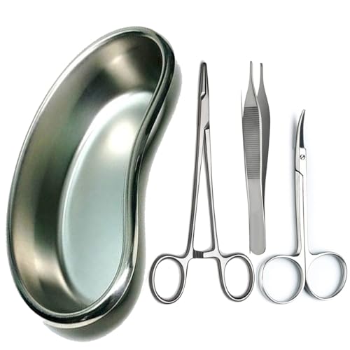 Image of Surgical Instrument Set - CE Needle Holder, Adson Forceps, Iris Scissor with 8 inch Kidney Tray - Stainless Steel Suturing Kit for Medical and Dental Procedures