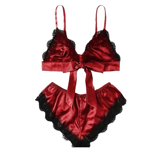 Ensemble lingerie haut de gamme en dentelle florale fine et maille transparente rouge M