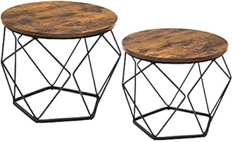 VASAGLERound Coffee Table, Set of 2, Side Table, Sofa End, Modern Style, Removable Top, Steel Frame, for Living Room, Rustic Brown and Black LCT041K01