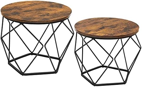 VASAGLERound Coffee Table, Set of 2, Side Table, Sofa End, Modern Style, Removable Top, Steel Frame, for Living Room, Rustic Brown and Black LCT041K01