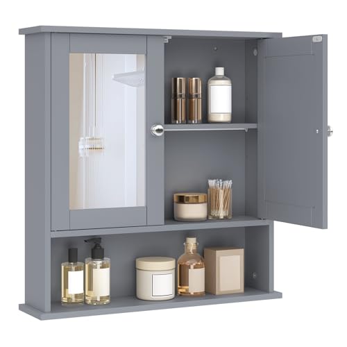 eSituro Armadietto Bagno con Specchio a Ante e Ripiani Regolabili Specchiera Contenitore Armadietto a Muro Grigio, 56x58,3x13cm