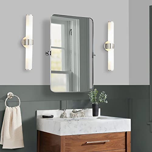 Andy Star Chrome Metal Frame Pivot Rectangular Bathroom Mirror, 20" X 30" Polished Nickel Tilting Rounded Rectangle Vanity Mirrors Stainless Steel Pivots Vertically Only (Overall 24.33" X 30") #TOP2