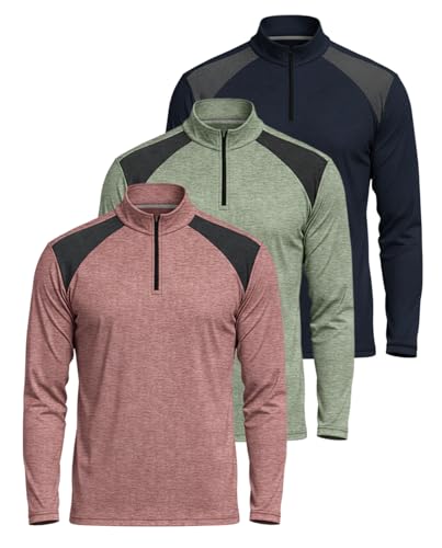 Real Essentials 3 Pack: Men's Dry-Fit Active Quarter Zip Long Sleeve Athletic Performance Pullover (Available in Big & Tall)