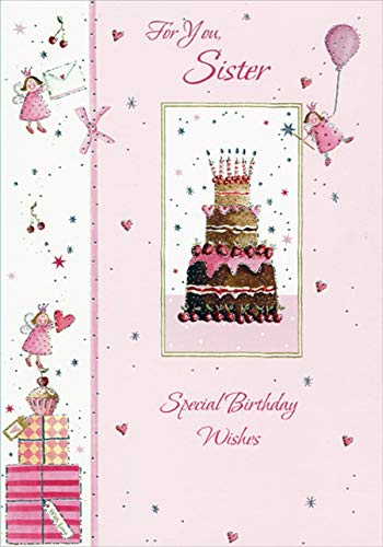 Designer Greetings 3 Tiered Cake and 3 Tiny Fairies with Balloon, Envelope and Heart Birthday Card for Sister