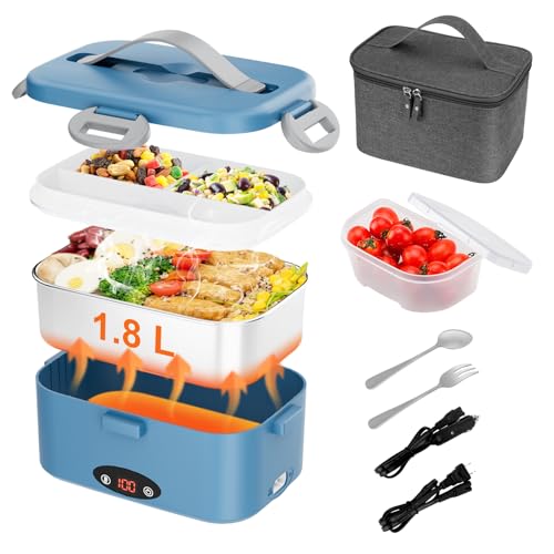 Electric Lunch Box with 3 Temperature Levels, 100W Fast Heating heated lunch box, 12V/24V/110V 1.8L Portable Food Warmer for Office, Car, and Truck, Includes Upgraded Bag & Extra Compartments（Blue)