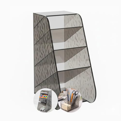 Organizador de Mesa 4 Divisórias - Porta Canetas e Lápis, Organizador de Escritório Compacto, Caixa Organizadora Multiuso para Home Office, Maquiagem e Papelaria - Amel (Fume)