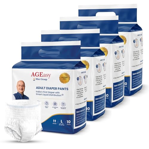 Image of AGEasy (Max Group) Adult Diapers | India's First Smart Liquid Distribution Pants | Gel-Lock Absorption | Up to 12-Hour Dryness | Anti-Sag | Invisible Fit | Odor Control | Unisex Fit (L - Pack of 4)