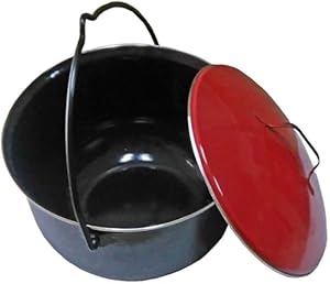 LEMODO Gulaschkessel mit rotem Deckel | Gulaschtopf 14 Liter Volumen | Emaillierter Kesselgulasch Topf | Kochtopf für Schwenkgrill | Suppenkessel mit Schöpfkelle | passend für unsere Gulaschkanone