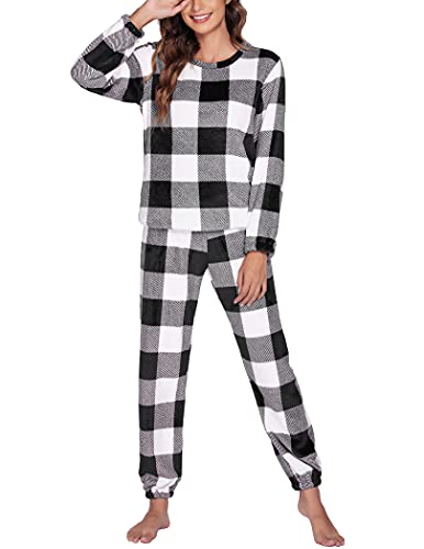 Ekouaer Fleece Pajama Set Jogger Pj Set Flannel Pjs Lounge Set For Women Black Plaid X-Large #TOP14