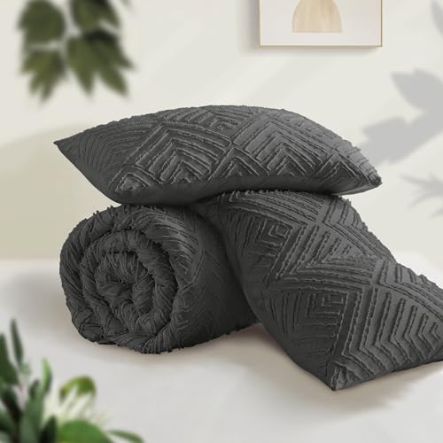 Image of Andency Dark Grey Comforter Set Queen, Gray Lightweight Fluffy Bedding Comforter Sets for Queen Bed, 3 Pieces Tufted Farmhouse Shabby Chic Bed Set for All Seasons (1 Comforter 90x90In, 2 Pillowcases)