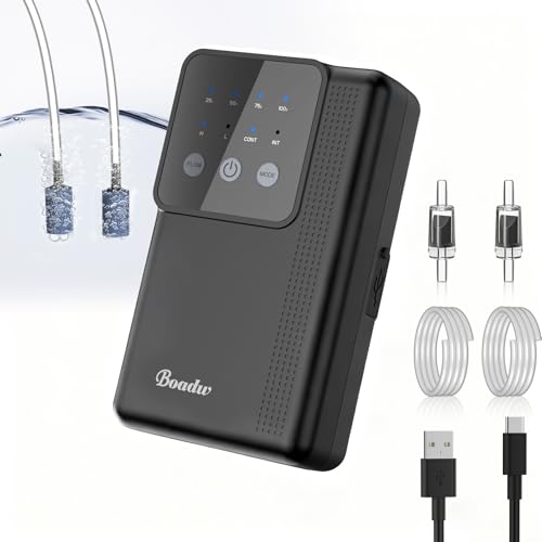 Boadw Luftpumpe Aquarium, Sauerstoffpumpe Aufladbar mit 4400 mAh Akku für Outdoor Angeln und Stromausfall, Nano Mini Aquarium Zubehoer mit Sprudelstein - Schwarz