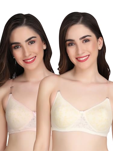 Image of Flower Print Bra for Women - Made of Pure Cotton Full Coverage Non Wired Pushup Soft Cup for T-Shirt Saree Dress Sports Garment for Daily Use Everyday