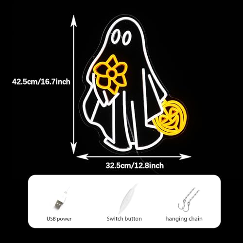 Image of Ghost Neon Sign for Wall Decor Dimmable USB Powered Pumpkin Led Light sign Halloween Ghost Neon Light for Halloween Party Game Room Neon Decor (Yellow White)