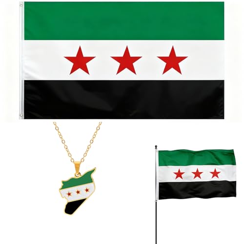 90 x 150cm Syrien Flagge Wetterbeständige Fahne Syrische Flagge Halskette Mit Messingösen für Fahnenmast - 100% Polyester Wetterfest & UV-beständig-  (Flagge/halskette)