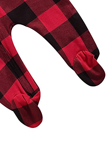 Paxlahby Pasgeboren Baby Jongens Meisjes Kerst Geruite Romper Winter Herten Geborduurd Patroon Voetmodel Jumpsuit Kleding, Rood Zwart A, 3-6 Maanden - Afbeelding 5
