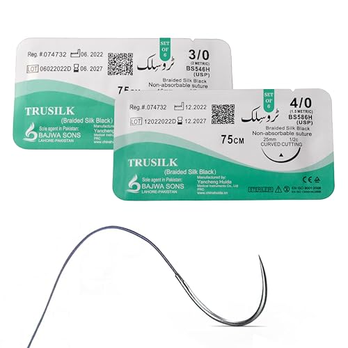 MJW Nahtfäden aus Seide, 12 Stück, einschließlich 3/0 und 4/0 Beste geflochtene schwarze Naht aus Seide - Nahtfaden für die pädagogische Praxis, Wundnaht-Kit Zusatz