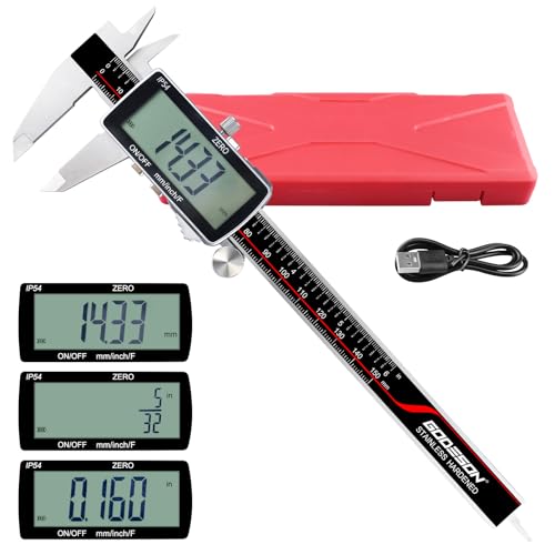 GODESON Digital Caliper,IP54 Caliper Measuring Tool-Stainless Steel & Large LCD Screen, Rechargeable Digital Micrometer display Inch/Metric/Fractions, 6 Inch Digital calipers-Absolute Scale & Auto-Off