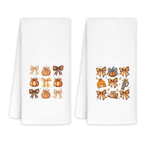 JINYO Fall Pumpkin Bow Kitchen Towels Set of 2, Pumpkin Coquette Bow Decorative Hand Towels for Bathroom, Farmhouse Autumn Dish Towels for Kitchen, 16x24 Inch