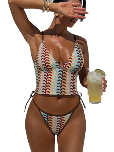 ZAFUL Tankini Swimsuits for Women Striped V Neck Tummy Control Bikini Swimsuit Tie Side 2 Pieces Bathing Suit (14-Multicolor, S)